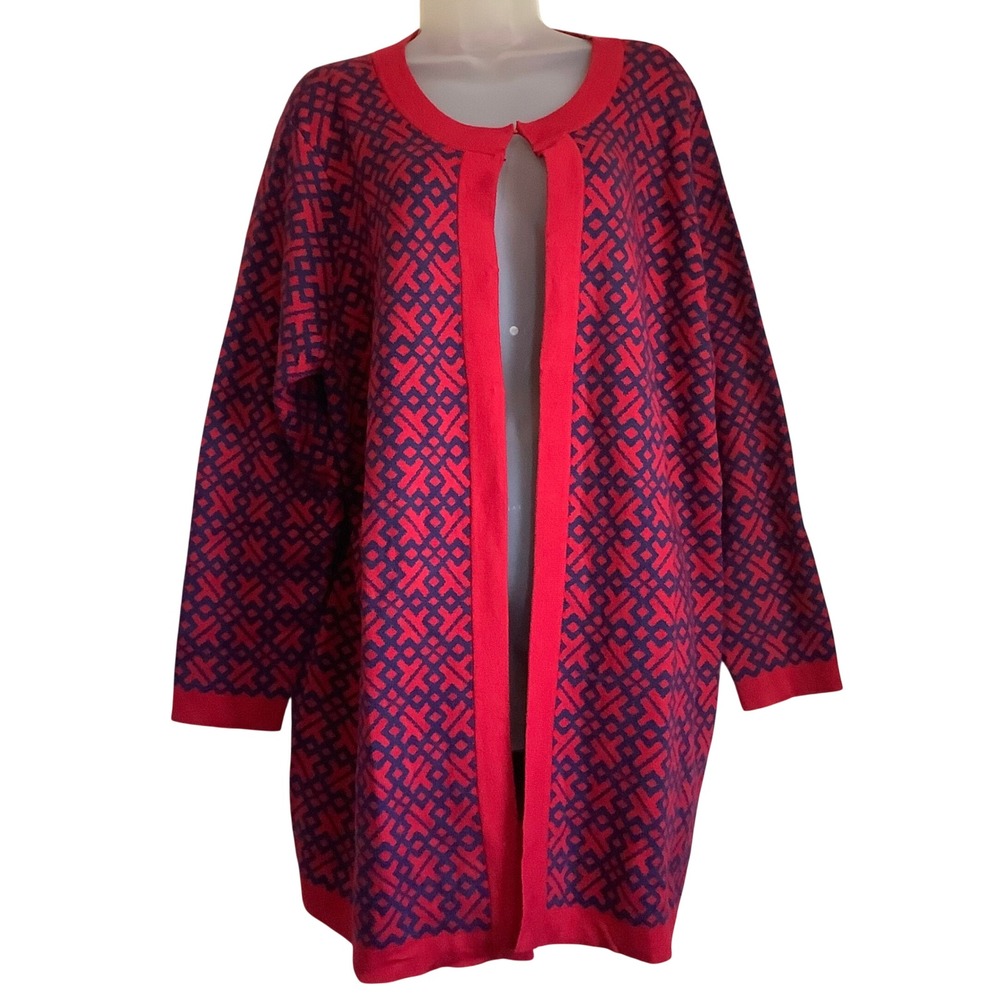 Lands End Womens 2X Red Navy Geometric Open Front Cardigan Sweater New